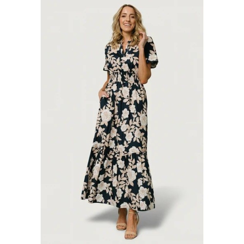 Baltic Born Vera Maxi Dress in Navy Floral Short Sleeve 100% Cotton / Size XL - Picture 5 of 16
